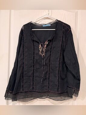 Johnny Was Black Embroidered Lace-Up Tunic with Pink Accents